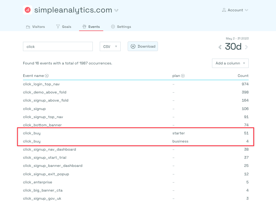 Simple Analytics Events Explorer